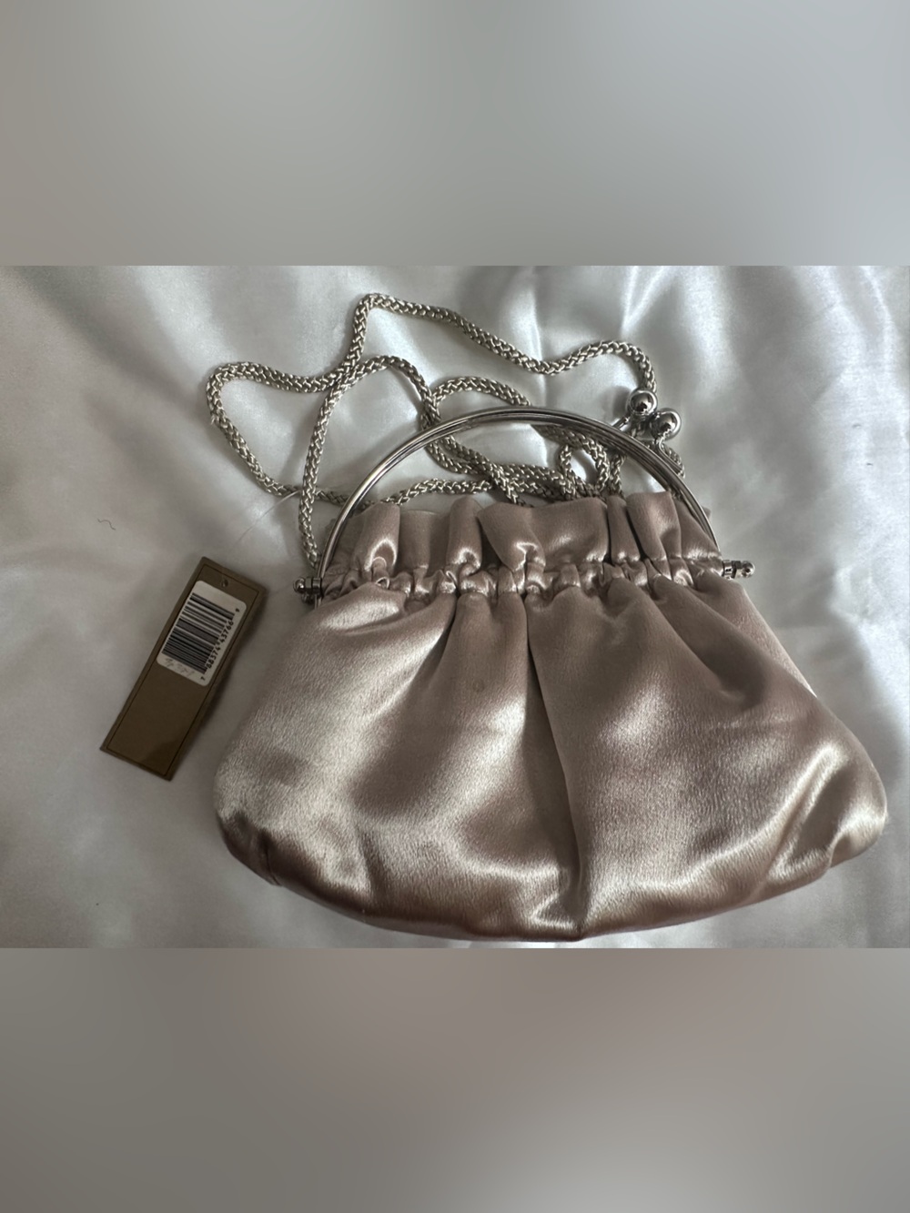 Satin Ruched Wristlet Clutch in Metallic Taupe